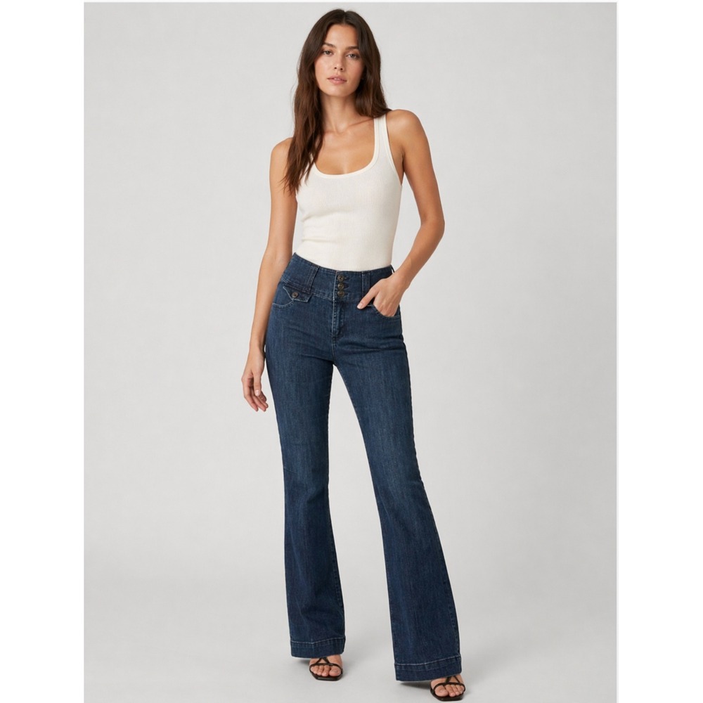 Denim Trouser Jeans Sz 12 Blue‎ Dark Wash Wide Leg High Rise Stretch Retro Flare